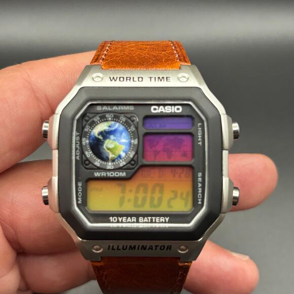 Casio AE1200WH Custom Sunset Filter Globe Leather Strap World Time - Picture 14 of 17